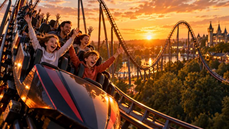 A family riding a rollercoaster at sunset with their arms raised.