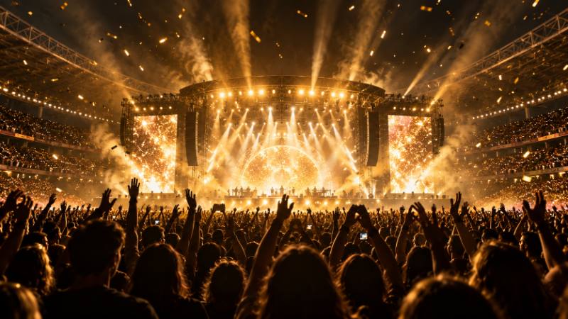 A crowd with their hands in the air in front of a floodlit stadium stage.